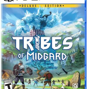 Tribes of Midgard PS5 Cover Vikings battling a giant with Norse ruins in the background